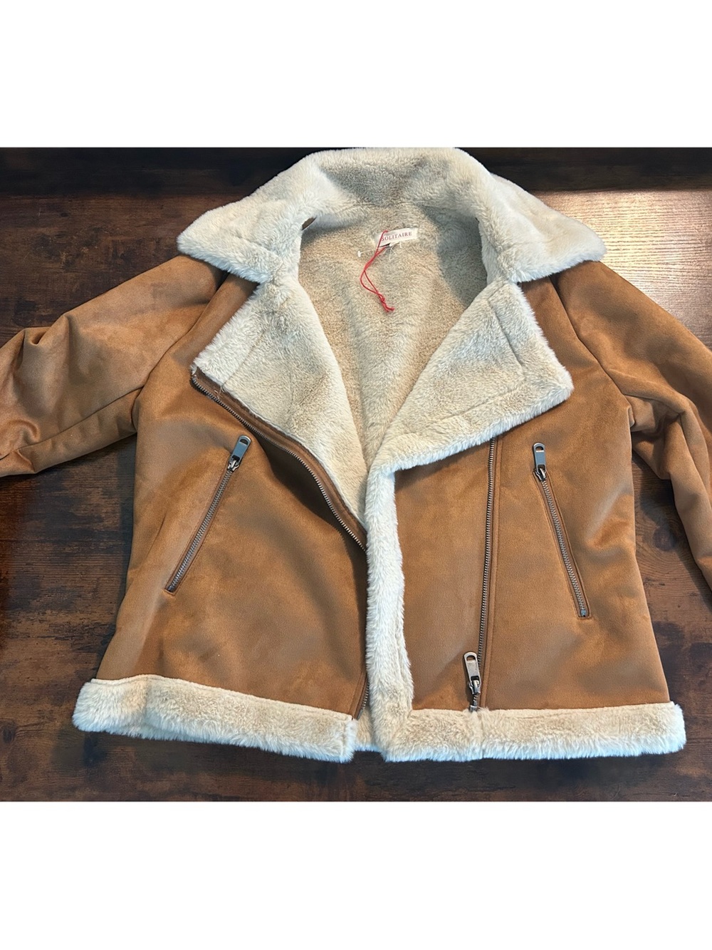 Solitaire by Anthropologie Faux suede Jacket in Chestnut with Cream Lining SL